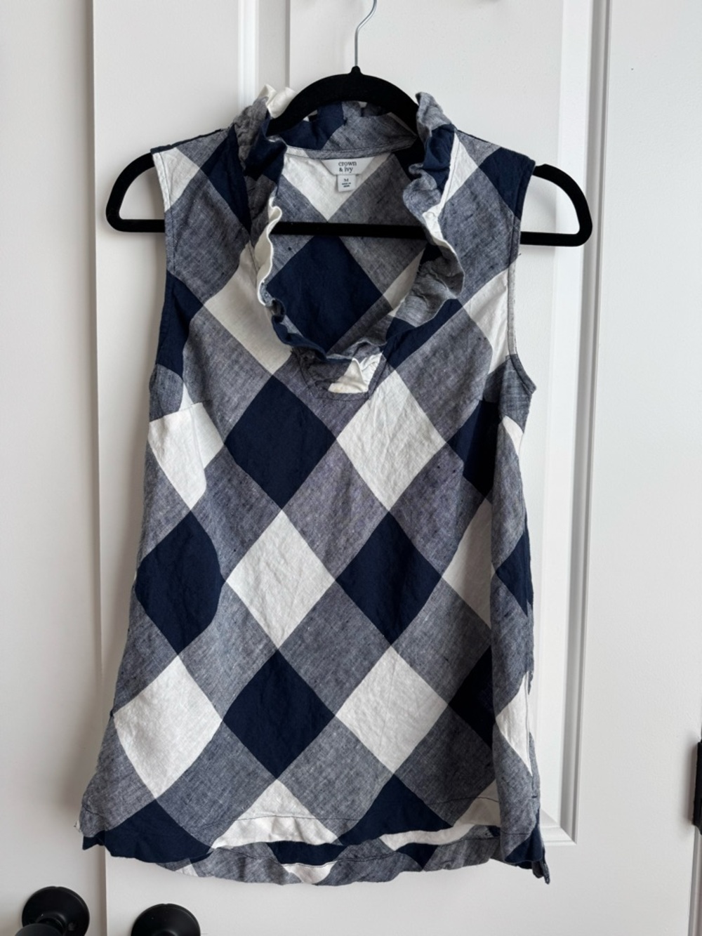 Crown & Ivy 100% Linen Gingham Ruffle Blouse - Medium